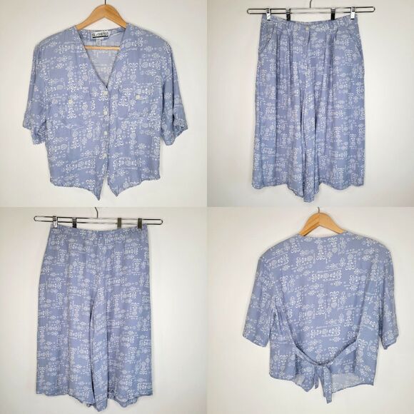 Vintage SK & COMPANY Blue White 2 Piece Set Size 12 90s Culottes Western Co-ord - Picture 1 of 14